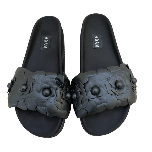 ROAM Fleur Slides Black US 8 Sandals Floral Vegan Leather Quiet Luxury Boho - Picture 1 of 9